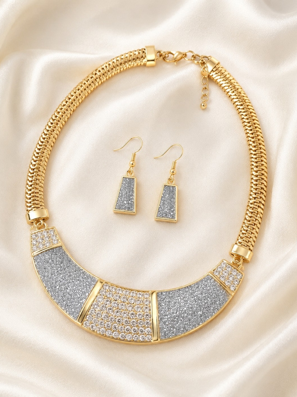 Gold-Tone Statement Necklace and Earrings Set with Silver Glitter Panels